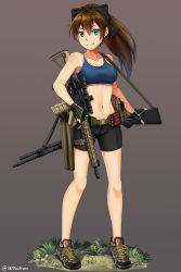 Rule 34 | 1girl, ahoge, ar-15, bandeau, bare arms, bare shoulders, belt, bike shorts, black bow, black shorts, bow, breasts, brown background, brown footwear, cleavage, closed mouth, ear protection, faux figurine, fingerless gloves, full body, gloves, grass, green eyes, green gloves, gun, gun sling, hair bow, highres, legs apart, long hair, medium breasts, navel, ndtwofives, original, ponytail, rifle, shoes, shorts, shotgun, simple background, smile, solo, sports bra, standing, stomach, twitter username, v-shaped eyebrows, weapon