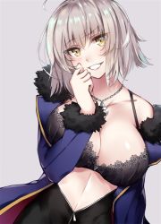 Rule 34 | 1girl, ahoge, black bra, blush, bra, breasts, cleavage, collarbone, fate/grand order, fate (series), grey background, hand up, jeanne d&#039;arc (fate), jeanne d&#039;arc alter (fate), jeanne d&#039;arc alter (ver. shinjuku 1999) (fate), jewelry, long sleeves, necklace, official alternate costume, rain (nadroj31), short hair, silver hair, simple background, smile, solo, underwear, yellow eyes, zipper