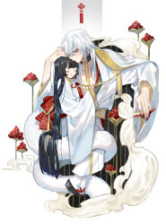 Rule 34 | 1boy, 1girl, alcohol, berry, black hair, black nails, blunt bangs, closed eyes, closed mouth, cup, holding, holding cup, honey dogs, japanese clothes, liquid, long hair, nail polish, original, red lips, sakazuki, sake, sitting, smile, white hair