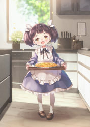 Rule 34 | 1girl, apple pie, apron, blue dress, brown eyes, brown footwear, brown hair, child, dress, food, full body, highres, indoors, kitchen, long hair, maid, open mouth, original, pantyhose, pie, ribbon, shoes, smile, solo, tray, twintails, white apron, white pantyhose, window
