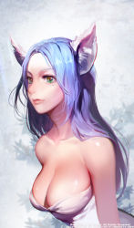 Rule 34 | 1girl, animal ears, bare shoulders, blue hair, breasts, caesty, cat ears, cleavage, dress, green eyes, large breasts, lips, long hair, mole, mole under eye, nose, original, solo, strapless, strapless dress, white dress