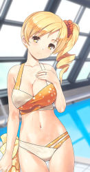 Rule 34 | 1girl, alternate hairstyle, bikini, blonde hair, breasts, cleavage, collarbone, commentary request, cowboy shot, drill hair, hair ornament, hair scrunchie, hand on own chest, indoors, jewelry, jiji (aardvark), large breasts, long hair, looking at viewer, mahou shoujo madoka magica, multi-strapped bikini bottom, multicolored bikini, multicolored clothes, navel, pool, red scrunchie, rei no pool, ring, scrunchie, smile, solo, standing, swimsuit, thigh gap, tomoe mami, tomoe mami (swimsuit costume), wedding band, yellow eyes