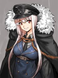 Rule 34 | 1girl, artist request, bad id, bad twitter id, belt, black coat, black necktie, blonde hair, buttons, cape, coat, collar, collared shirt, cross, dress shirt, girls&#039; frontline, gold buttons, hat, high belt, iron cross, jacket, kar98k (girls&#039; frontline), long hair, looking at viewer, military, military uniform, nazi party pin, necktie, official art, peaked cap, red eyes, shirt, smile, solo, uniform, white hair, winter clothes, winter coat