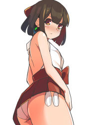 Rule 34 | 1girl, ass, bad id, bad pixiv id, bare back, blush, brown hair, earrings, female focus, from behind, from below, hakama, hakama short skirt, hakama skirt, highres, japanese clothes, jewelry, looking back, looking down, miko, miniskirt, original, panties, red eyes, ribbon, short hair, simple background, skirt, solo, surio, underwear, white background, white panties