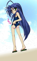 Rule 34 | 00s, 1girl, :3, ahoge, ass, beach, blue hair, blue one-piece swimsuit, blush, body blush, closed mouth, clothes lift, clothes pull, cloud, day, flat chest, from behind, green eyes, hair between eyes, izumi konata, kneepits, legs, lifting own clothes, long hair, looking at viewer, looking back, lucky star, mole, mole under eye, one-piece swimsuit, one-piece swimsuit pull, outdoors, parted bangs, sandals, school swimsuit, self wedgie, sidelocks, sky, solo, standing, swimsuit, swimsuit lift, tiptoes, very long hair, wedgie