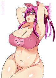 Rule 34 | 1girl, animal ears, armpits, arms behind head, arms up, bad id, bad pixiv id, belly, blush, bow, breasts, cleavage, covered erect nipples, curvy, hair bow, hair ribbon, highres, large breasts, long hair, navel, nightmare-doom, open mouth, original, pig ears, pig girl, pig snout, plump, ponytail, purple eyes, purple hair, ribbon, simple background, sitting, solo, tongue, tongue out, translation request, white background, wide hips