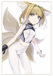 Rule 34 | 1girl, animal ear fluff, animal ears, arknights, bad id, bad twitter id, black gloves, blouse, blue hairband, braided hair rings, breasts, brown hair, closed mouth, crop top, cropped legs, gloves, green eyes, had (had314), hairband, infection monitor (arknights), looking at viewer, midriff, multiple tails, pantyhose, shirt, sidelocks, single glove, single wrist cuff, sleeveless, sleeveless shirt, small breasts, smile, solo, suzuran (arknights), tail, white background, white pantyhose, white shirt, wrist cuffs