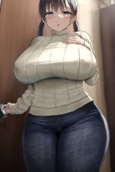 Rule 34 | 1girl, black hair, blue eyes, blue pants, blush, breasts, commentary, curvy, denim, door, doorknob, half-closed eyes, hand on own chest, hand up, highres, huge breasts, indoors, jeans, legs together, long sleeves, looking at viewer, low twintails, oekakizuki, original, pants, parted lips, raised eyebrows, ribbed sweater, solo, standing, sweater, thick thighs, thighs, turtleneck, turtleneck sweater, twintails, wide hips