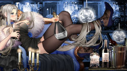 Rule 34 | 1girl, azur lane, black dress, black thighhighs, blue eyes, blue footwear, blush, bottle, breasts, butterfly tattoo, candle, closed mouth, couch, cup, dress, foot tattoo, full body, fur, gudadan, hair ornament, high heels, highres, holding, holding bottle, holding cup, large breasts, long hair, looking away, lying, official alternate costume, on side, silver hair, sitting, solo, tattoo, thighhighs, yorktown (azur lane), yorktown (evening i can&#039;t remember) (azur lane)