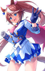 Rule 34 | :d, animal ears, ascot, asymmetrical gloves, black gloves, blue eyes, blue jacket, blue skirt, bow, brown hair, buttons, commentary, double-breasted, ear piercing, epaulettes, from below, gloves, hair bow, hair flaps, high ponytail, highres, horse ears, horse girl, horse tail, jacket, kuroganeruto, long hair, long sleeves, looking at viewer, miniskirt, mismatched gloves, multicolored clothes, multicolored hair, multicolored jacket, open mouth, piercing, pink ascot, pink bow, pleated skirt, simple background, single epaulette, skirt, smile, streaked hair, tail, tokai teio (umamusume), two-tone hair, two-tone jacket, two-tone skirt, umamusume, white background, white gloves, white hair, white jacket, white skirt