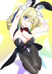 Rule 34 | 1girl, angelina kudou shields, animal ears, black leotard, black pantyhose, black vest, blonde hair, blue eyes, bow, bowtie, breasts, cleavage, detached collar, drill hair, fake animal ears, female focus, gloves, hair between eyes, hair ribbon, head tilt, highres, large breasts, leotard, long hair, looking at viewer, mahouka koukou no rettousei, mamezuka takashi, pantyhose, playboy bunny, rabbit ears, rabbit pose, red bow, red bowtie, ribbon, solo, tongue, tongue out, twin drills, twintails, vest, white gloves, wrist cuffs