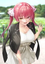 Rule 34 | 1girl, :d, anno masato, black jacket, blurry, blurry background, blush, breasts, cowboy shot, crossed bangs, day, dress, hair between eyes, hair ribbon, hand up, highres, hololive, houshou marine, jacket, jacket on shoulders, large breasts, long hair, looking at viewer, open mouth, outdoors, red eyes, red hair, ribbon, smile, solo, standing, twintails, virtual youtuber, white dress, white ribbon, yellow eyes