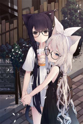 Rule 34 | 2girls, animal ears, backpack, bag, bare arms, bare shoulders, black-framed eyewear, black dress, black hair, blue eyes, blush, brown eyes, cat ears, cat girl, cat tail, closed mouth, commentary request, cup, day, dress, drinking, drinking straw, english text, fence, glasses, hair ribbon, highres, holding, holding cup, long hair, looking at viewer, low twintails, menu board, multiple girls, original, outdoors, ribbon, round eyewear, shirt, short sleeves, silver hair, sleeveless, sleeveless dress, smile, standing, tail, tokuno yuika, twintails, very long hair, white ribbon, white shirt