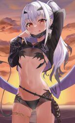 Rule 34 | 1girl, beach, bikini, black bikini, black jacket, breasts, cropped jacket, dragon wings, fate/grand order, fate (series), forked eyebrows, gradient sky, high ponytail, hotu1122, jacket, long hair, long sleeves, looking at viewer, mask, mask pull, melusine (fate), melusine (swimsuit ruler) (fate), melusine (swimsuit ruler) (first ascension) (fate), mouth mask, navel, orange sky, shrug (clothing), sidelocks, sky, small breasts, smile, solo, sunset, swimsuit, tail, thighlet, thighs, tongue, tongue out, twilight, white hair, wings, yellow eyes