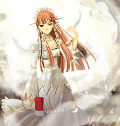 Rule 34 | 1girl, atlus, axe, blunt bangs, dress, gothic lolita, hatchet (axe), lolita fashion, long sleeves, looking at viewer, orange hair, persona, persona 3, raka, red eyes, simple background, solo, standing, white background, white dress, white wings, wings, yoshino chidori