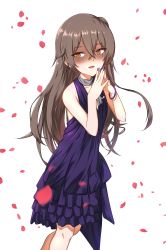 Rule 34 | 1girl, alternate costume, bangle, bare shoulders, blush, bracelet, brown eyes, brown hair, casual, collarbone, crossed bangs, dress, fingers together, girls&#039; frontline, hair between eyes, highres, jewelry, long hair, looking at viewer, nail polish, official alternate costume, one side up, open mouth, pellas (panix2383), petals, purple dress, purple nails, scar, scar across eye, scar on face, scarf, shaded face, sidelocks, simple background, smile, ump45 (diamond flower) (girls&#039; frontline), ump45 (girls&#039; frontline), white background