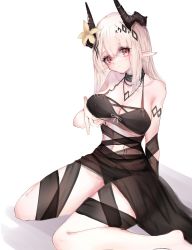 Rule 34 | 1girl, absurdres, arknights, bare arms, bare legs, bare shoulders, barefoot, bikini, black bikini, black choker, breast hold, breasts, choker, cleavage, flower, hair flower, hair ornament, highres, horns, infection monitor (arknights), jewelry, long hair, looking at viewer, material growth, medium breasts, mudrock (arknights), mudrock (silent night) (arknights), navel, necklace, official alternate costume, oripathy lesion (arknights), pointy ears, red eyes, silver hair, simple background, sitting, solo, stomach, swimsuit, thighs, wariza, white background, yellow flower, yuzusawa oekaki