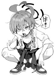 1girl ahoge angry bandaid bandaid_on_knee bandaid_on_leg blue_archive braid clothes_around_waist commentary_request fang flat_chest full_body greyscale halo head_rest jacket jacket_around_waist looking_at_viewer miniskirt mole mole_under_eye monochrome neru_(blue_archive) neru_(school_uniform)_(blue_archive) open_clothes open_mouth open_shirt panties pantyshot short_hair skirt solo squatting ter_(otokoter) underwear