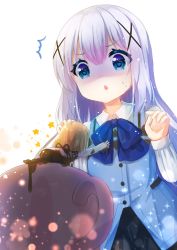 Rule 34 | 2girls, ^^^, black skirt, blue bow, blue eyes, blue hair, blue vest, bow, chestnut mouth, coffee, collared shirt, commentary request, cup, gochuumon wa usagi desu ka?, hair between eyes, hair ornament, heart, heart-shaped pupils, highres, hoto cocoa, in container, in cup, kafuu chino, light brown hair, long sleeves, mini person, minigirl, multiple girls, outstretched arm, parted lips, pink vest, rabbit house uniform, sawa (sawasaku), shirt, sidelocks, skirt, sweat, symbol-shaped pupils, teacup, turn pale, uniform, vest, waitress, white shirt, x hair ornament