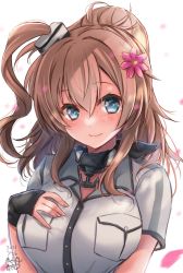 Rule 34 | 1girl, absurdres, artist name, black gloves, blue eyes, blush, breast pocket, breasts, brown hair, closed mouth, dated, dress, fingerless gloves, flower, gloves, hair between eyes, hair flower, hair ornament, highres, kantai collection, large breasts, long hair, mashiro yukiya, pink flower, pocket, saratoga (kancolle), short sleeves, signature, smile, solo, upper body, white dress