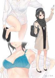 Rule 34 | 10s, 1girl, 2016, alternate costume, ama mitsuki, arm up, armpits, beret, black hair, black jacket, black scarf, black skirt, blouse, blue bra, bra, breasts, casual, coat, collarbone, commentary request, dated, formal, full body, hat, high heels, jacket, kantai collection, leaning forward, leg lift, lips, looking at viewer, looking away, medium breasts, miniskirt, multiple views, office lady, open clothes, open shirt, parted lips, pencil skirt, red eyes, scarf, shirt, short hair, skirt, standing, standing on one leg, strap gap, takao (kancolle), thighs, underwear, undressing, upper body, white shirt, winter clothes, winter coat