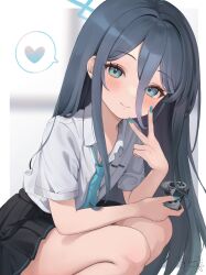 Rule 34 | 1girl, absurdres, aris (blue archive), bare legs, black hair, black skirt, blue archive, blue eyes, blue nails, blue necktie, blush, collarbone, commentary request, controller, from side, hair between eyes, halo, hanazawa ma, hand up, heart, highres, holding, holding controller, kneeling, long hair, looking at viewer, miniskirt, nail polish, necktie, partial commentary, pleated skirt, school uniform, shirt, short sleeves, skirt, smile, solo, spoken heart, thighs, v over mouth, very long hair, white shirt