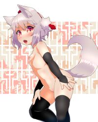 Rule 34 | 1girl, animal ear fluff, animal ears, black bridal gauntlets, black thighhighs, blush, breasts, bridal gauntlets, commentary request, feet out of frame, fingernails, hair between eyes, hand on own leg, hat, heart, heart-shaped pupils, inubashiri momiji, leaf, looking at viewer, maple leaf, navel, nipples, nude, open mouth, pink nails, pussy, red eyes, red hat, short hair, small breasts, solo, symbol-shaped pupils, tail, teeth, thighhighs, tokin hat, tongue, torque, touhou, uncensored, upper teeth only, white background, white hair, wolf ears, wolf girl, wolf tail