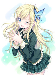 Rule 34 | 10s, 1girl, ;d, blazer, blonde hair, blue eyes, boku wa tomodachi ga sukunai, butterfly hair ornament, green skirt, hair ornament, jacket, kashiwazaki sena, kousaki rui, lace, lace-trimmed skirt, lace trim, leaning forward, long hair, looking at viewer, miniskirt, necktie, one eye closed, open mouth, own hands together, plaid, plaid skirt, pleated skirt, school uniform, skirt, smile, solo, wink