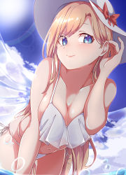 Rule 34 | 1girl, absurdres, aged up, bare arms, bare shoulders, bikini, blonde hair, blue eyes, blue sky, breasts, cleavage, closed mouth, cloud, commentary request, commission, day, fairy wings, gluteal fold, gokuu (acoloredpencil), hat, highres, huge filesize, large breasts, leaning forward, lens flare, light smile, lily white, long hair, looking at viewer, navel, outdoors, sky, solo, sun, sun hat, swimsuit, touhou, transparent wings, wading, white bikini, white hat, wings