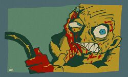 Rule 34 | absurdres, bags under eyes, bleeding, blood, blood on face, blood on hands, blue border, border, bulging eyes, carl showalter, clenched teeth, commentary, english commentary, fargo (1996), green background, hair slicked back, hand on own face, hand up, highres, jacket, kipper goodbreakfast, limited palette, long sleeves, looking at viewer, outstretched arm, scene reference, scowl, sharp teeth, short hair, signature, simple background, steering wheel, sweat, teeth, uneven eyes, upper body, very sweaty, watch, wristwatch