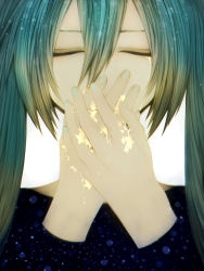 Rule 34 | 1girl, aqua hair, asai (niiyama), between fingers, blue hair, closed eyes, crying, glowing, hair between eyes, hatsune miku, highres, holding, original, own hands together, portrait, simple background, solo, sparkle, star (symbol), tears, vocaloid, white background