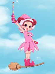 Rule 34 | 1girl, :d, arm at side, arm up, armpits, artist name, bead bracelet, beads, blue sky, boots, bracelet, broom, broom surfing, child, clenched hand, commentary, double bun, dress, earrings, english commentary, full body, gloves, hair bun, happy, harukaze doremi, hat, highres, holding, holding wand, jewelry, looking at viewer, magical girl, mixed-language commentary, ojamajo doremi, open mouth, pink dress, pink eyes, pink footwear, pink gloves, pink hat, pinkbunnyjuice, pointy footwear, raised eyebrows, red hair, short hair, short sleeves, sky, smile, solo, sparkle, standing, wand, witch hat