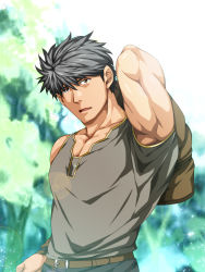 Rule 34 | 1boy, absurdres, armpits, bag, bara, biceps, black hair, blurry, blurry background, confused, day, forest, gauntlets, hand on back, highres, leather, leather belt, male focus, manly, mature male, muscular, muscular male, nature, nura, open mouth, original, pectoral cleavage, pectorals, shirt, sky, sleeveless, solo, sparkle, spiked hair, tight clothes, tongue, tree, upper body, yellow eyes