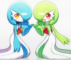 Rule 34 | 2girls, alternate color, black choker, blue hair, blue skin, blush, blush stickers, bob cut, choker, closed mouth, colored skin, creatures (company), female focus, flat chest, game freak, gardevoir, gem, gen 3 pokemon, gradient background, green hair, green skin, hair over one eye, half-closed eyes, hand up, happy, heart, heart in eye, kneeling, lace, lace choker, looking at viewer, lotosu, lowres, mega stone, multicolored skin, multiple girls, nintendo, open mouth, orange eyes, pokemon, pokemon (creature), red eyes, reflection, shiny and normal, shiny pokemon, short hair, simple background, smile, symbol in eye, symmetry, two-tone skin, v, white background, white choker, white skin