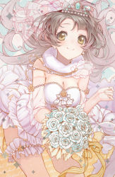Rule 34 | 10s, 1girl, blush, bouquet, breasts, bridal veil, bride, cleavage, dress, earrings, flower, frills, jewelry, large breasts, long hair, looking at viewer, love live!, love live! school idol festival, love live! school idol project, minami kotori, mins (minevi), silver hair, skirt, smile, solo, thigh strap, tiara, veil, wedding dress, white dress, yellow eyes