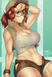Rule 34 | 1girl, abs, baseball cap, biceps, black-framed eyewear, black panties, blush, breasts, brown eyes, brown hair, brown shorts, cleavage, coffeeslice, commentary, covered erect nipples, crop top, english commentary, fio germi, glasses, hat, highres, hip vent, large breasts, looking at viewer, metal slug, midriff, muscular, muscular female, no bra, open clothes, open fly, open vest, panties, see-through, see-through shirt, semi-rimless eyewear, shirt, short ponytail, short shorts, shorts, sleeveless, solo, thighs, under-rim eyewear, underwear, vest, wet, wet clothes, wet shirt, wiping sweat, wristband
