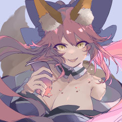 Rule 34 | 1girl, animal ears, anmochi mochi, bare shoulders, blue background, blue kimono, bow, breasts, cleavage, commentary request, darkness, detached collar, detached sleeves, evil smile, eyebrows hidden by hair, eyelashes, fang, fate/extra, fate (series), fingernails, fox ears, fox girl, fox tail, hair between eyes, hair bow, highres, japanese clothes, kimono, large breasts, lips, long hair, looking at viewer, open mouth, pink hair, shadow, sidelocks, sketch, skin fang, slit pupils, smile, solo, split ponytail, tail, talisman, tamamo (fate), tamamo no mae (fate/extra), upper body, v-shaped eyebrows, yellow eyes