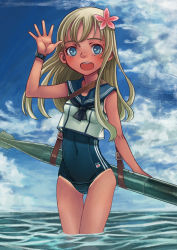 Rule 34 | 10s, 1girl, blonde hair, blue eyes, cloud, cloudy sky, crop top, day, flower, hair flower, hair ornament, highres, kantai collection, long hair, looking at viewer, ocean, one-piece swimsuit, open mouth, ro-500 (kancolle), sailor collar, school swimsuit, sky, solo, swimsuit, tan, tanline, torpedo, wading, watch, waving, wristwatch, yutazo 028