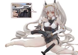 Rule 34 | 8 ni, absurdres, blush, breasts, covered erect nipples, desert eagle, desert eagle (girls&#039; frontline), dildo, elbow gloves, foregrip, frills, girls&#039; frontline, gloves, grey hair, gun, handgun, highres, long hair, medium breasts, naughty face, photo-referenced, photo inset, reference photo, resolution mismatch, sex toy, unworn shoe, sideboob, sitting, skindentation, smile, source smaller, speech bubble, strap-on, twintails, very long hair, weapon, yellow eyes
