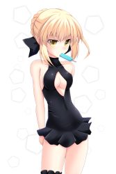 Rule 34 | 1girl, arms behind back, artoria pendragon (alter swimsuit rider) (fate), artoria pendragon (alter swimsuit rider) (first ascension) (fate), artoria pendragon (fate), bare shoulders, blonde hair, bow, breasts, bridal garter, cleavage, cleavage cutout, clothing cutout, collarbone, cross (crossryou), fate/grand order, fate (series), food, frills, hair bow, halterneck, highres, mouth hold, one-piece swimsuit, popsicle, short hair, simple background, solo, standing, swimsuit, yellow eyes