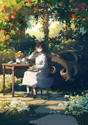 Rule 34 | 1girl, blue eyes, blush, book, book on lap, brown footwear, brown hair, closed mouth, commentary request, cup, dress, flower, flower pot, full body, garden, green theme, hand on own cheek, hand on own face, highres, leaf, long hair, long sleeves, looking afar, on chair, open book, original, outdoors, potg (piotegu), red flower, red rose, rose, sitting, socks, solo, sunlight, table, teacup, teapot, tree, very long hair, white dress, white flower, white socks