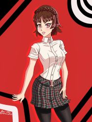 Rule 34 | 1girl, artist name, artist request, black pantyhose, black skirt, blunt bangs, blush, braid, breasts, brown hair, checkered clothes, checkered skirt, crown braid, female focus, hand on own hip, highres, long sleeves, looking at viewer, miniskirt, niijima makoto, pantyhose, parted lips, persona, persona 5, persona 5 the royal, plaid, plaid skirt, pleated, pleated skirt, red background, red eyes, school uniform, shirt, short hair, shuujin academy school uniform, skirt, small breasts, smile, solo, sweater, sweater vest, turtleneck, turtleneck sweater, white shirt, white sweater