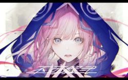 Rule 34 | 1girl, abstract background, braid, capelet, close-up, highres, hito komoru, hood, hood up, hooded capelet, kaf (kamitsubaki studio), kamitsubaki studio, letterboxed, long hair, looking at viewer, multicolored eyes, open mouth, pink hair, side braid, solo, translated, upper body, virtual youtuber, yellow pupils