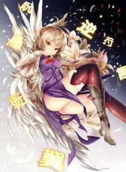 Rule 34 | 1girl, ass, boots, bow, bowtie, breasts, brooch, brown jacket, brown thighhighs, commentary request, covering own mouth, dress, feathered wings, flower, glowing, grey footwear, half updo, highres, houdukixx, jacket, japanese text, jewelry, kanji, kishin sagume, knee boots, looking at viewer, medium breasts, open clothes, open jacket, over-kneehighs, purple dress, red bow, red bowtie, red eyes, short dress, short hair, silver hair, single wing, solo, thighhighs, thighs, touhou, upskirt, white wings, wings