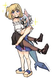 Rule 34 | 2girls, animal ears, bare shoulders, black skirt, blonde hair, blue eyes, blue hair, blush, carrying, carrying person, cat ears, earrings, gawr gura, gawr gura (casual), grey hair, grin, hair ornament, highres, hololive, hololive english, jewelry, looking at viewer, meme, multicolored hair, multiple girls, off shoulder, pantyhose, shirt, skirt, smile, sparkle, tail, trishot, virtual youtuber, watson amelia, watson amelia (street casual), white background