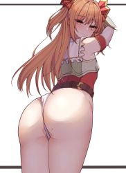 Rule 34 | 1girl, arms up, ass, ass focus, belt, blush, breasts, brown eyes, brown hair, closed mouth, from behind, highres, long hair, nozomi (princess connect!), outside border, pomp (qhtjd0120), princess connect!, solo, two side up, white background