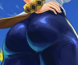 Rule 34 | 1girl, armpits, artist name, ass, ass focus, blue pants, bracelet, breasts, capcom, chun-li, double bun, earrings, from behind, gabriel carrasquillo, gold trim, hair bun, hair ribbon, hand on own hip, head out of frame, jewelry, large breasts, lower body, pants, ribbon, shirt, sky, solo, street fighter, street fighter 6, swept bangs, thick thighs, thighs, tight clothes, tight pants, toned, twisted torso, white shirt, yellow ribbon