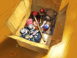 fife_(instrument) flute game_cg indoors instrument jar light_particles light_rays magia_record:_mahou_shoujo_madoka_magica_gaiden mahou_shoujo_madoka_magica mepo_(raven0) no_humans object_focus official_art open_box shadow sparkle stuffed_animal stuffed_toy teddy_bear toy toy_hammer wooden_floor yarn yarn_ball