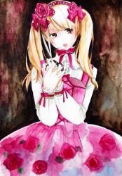 Rule 34 | 1girl, blonde hair, bow, brown background, brown eyes, bubble skirt, character request, copyright request, floral print, flower, hanada no kiwami, hands up, head tilt, holding, holding scissors, lips, looking to the side, nail polish, painting (medium), pink nails, red bow, red ribbon, ribbon, rose, scissors, skirt, solo, traditional media, twintails, watercolor (medium)