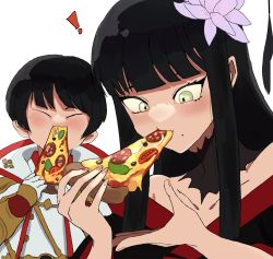 Rule 34 | !, 1boy, 1girl, asahi sas brutus, black collar, black hair, black kimono, blunt bangs, brother and sister, closed eyes, collar, collarbone, commentary, eating, final fantasy, final fantasy xiv, flower, food, food in mouth, glaa da, gloves, green eyes, hair flower, hair ornament, hands up, highres, holding, holding food, holding pizza, hyur, jacket, japanese clothes, kimono, lace collar, long hair, mole, mole under mouth, off shoulder, pizza, pizza slice, portrait, short hair, siblings, sidelocks, simple background, straight hair, symbol-only commentary, white background, white gloves, white jacket, wide-eyed, yotsuyu goe brutus